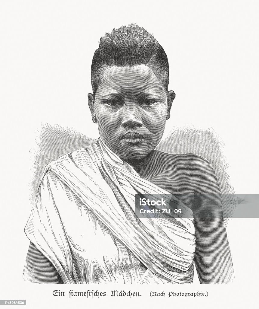 A Thai girl, wood engraving, published in 1897 A Thai girl. Wood engraving after a photograph, published in 1897. 19th Century stock illustration