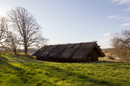 Clark County, Washington, USA - Mar 30, 2019: Cathlapotle Plankhouse at Ridgefield National Wildlife Refuge. The Chinookan plank house was built based on findings from the archeological village site of Cathlapotle.