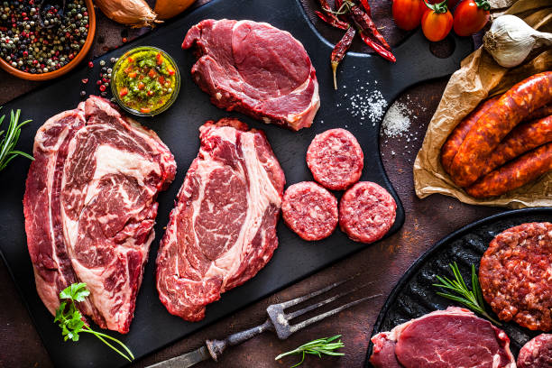 Various cuts of raw meat shot from above