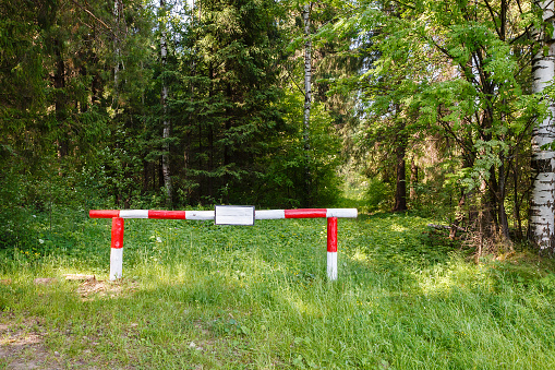 Red-white barrier in the forrest. The ban on entry into the forest.