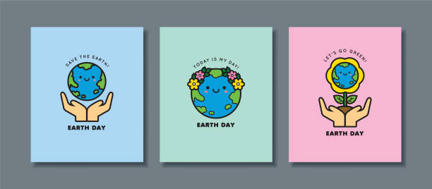 22 april - Earth Day icon set Set of Earth Day greeting card. Cute cartoon Earth icon or symbol. 22 april, Mother Earth Day flat vector illustration. Let's go green & save the Earth. cartoon earth happy planet stock illustrations