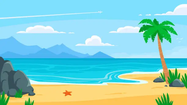 Vector illustration of Summer beach background. Sandy seashore, sea coast with palm tree and vocation seaside travel vector cartoon backdrop illustration
