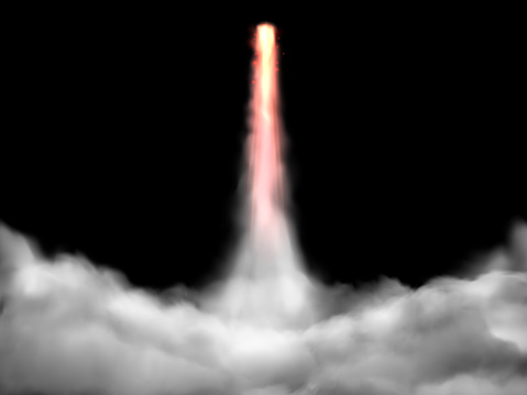 Space rocket takeoff track. Spaceship fly rockets launch smoke cloud. Rocket smoke blast fire steam or spaceship vapor burst. Isolated realistic vector illustration