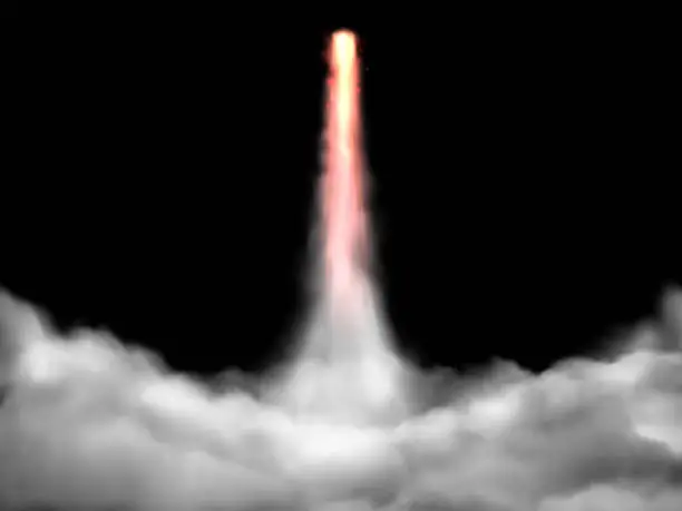Vector illustration of Space rocket takeoff track. Spaceship fly rockets launch smoke cloud isolated realistic vector illustration