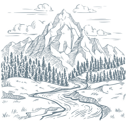 Mountains river engraving. Outdoors travel, mountain adventures and snake rivers vintage hand drawn landscape. Mountain valley sketch, tourism landscape drawing vector illustration