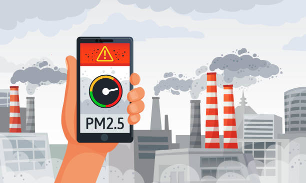 alert o zanieczyszczeniu powietrza. pm2.5 alarmuje powiadomienie o smartfonie, brudne powietrze i brudne środowisko ilustracji wektorowej - factory pollution smoke smog stock illustrations