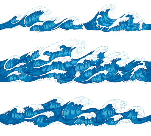 원활한 바다 파도입니다. 바다 서 프, 장식적인 파도타기 물결 및 물 패턴 손으로 그린 스케치 벡터 일러스트 레이 션 세트 - 파도 패턴 일러스트 stock illustrations