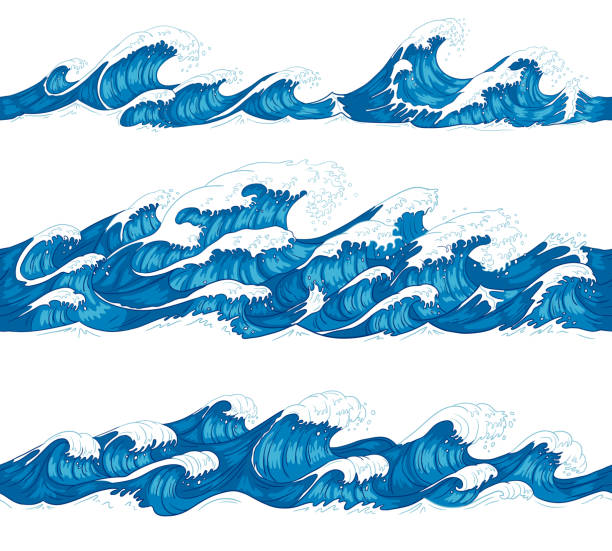 ilustrações de stock, clip art, desenhos animados e ícones de seamless ocean waves. sea surf, decorative surfing wave and water pattern hand drawn sketch vector illustration set - tropical storm illustrations