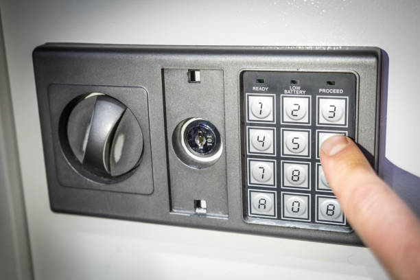 istock Photo of the front panel of the safe with an electronic code set. 1143090429