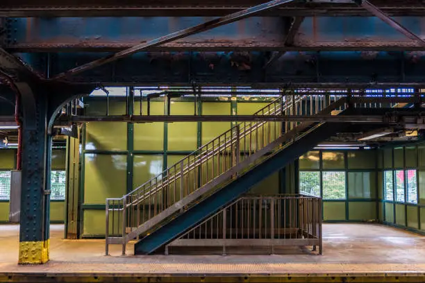 Old rusty staircase on the West Eighth Street–New York Aquarium (New York City Subway) in Coney Island Beach, Brooklyn, New York City, USA