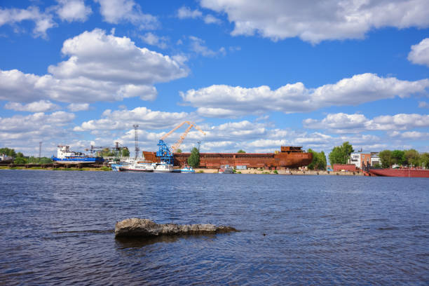 istock landscape, view of the old cargo port, rusty barge 1143093453