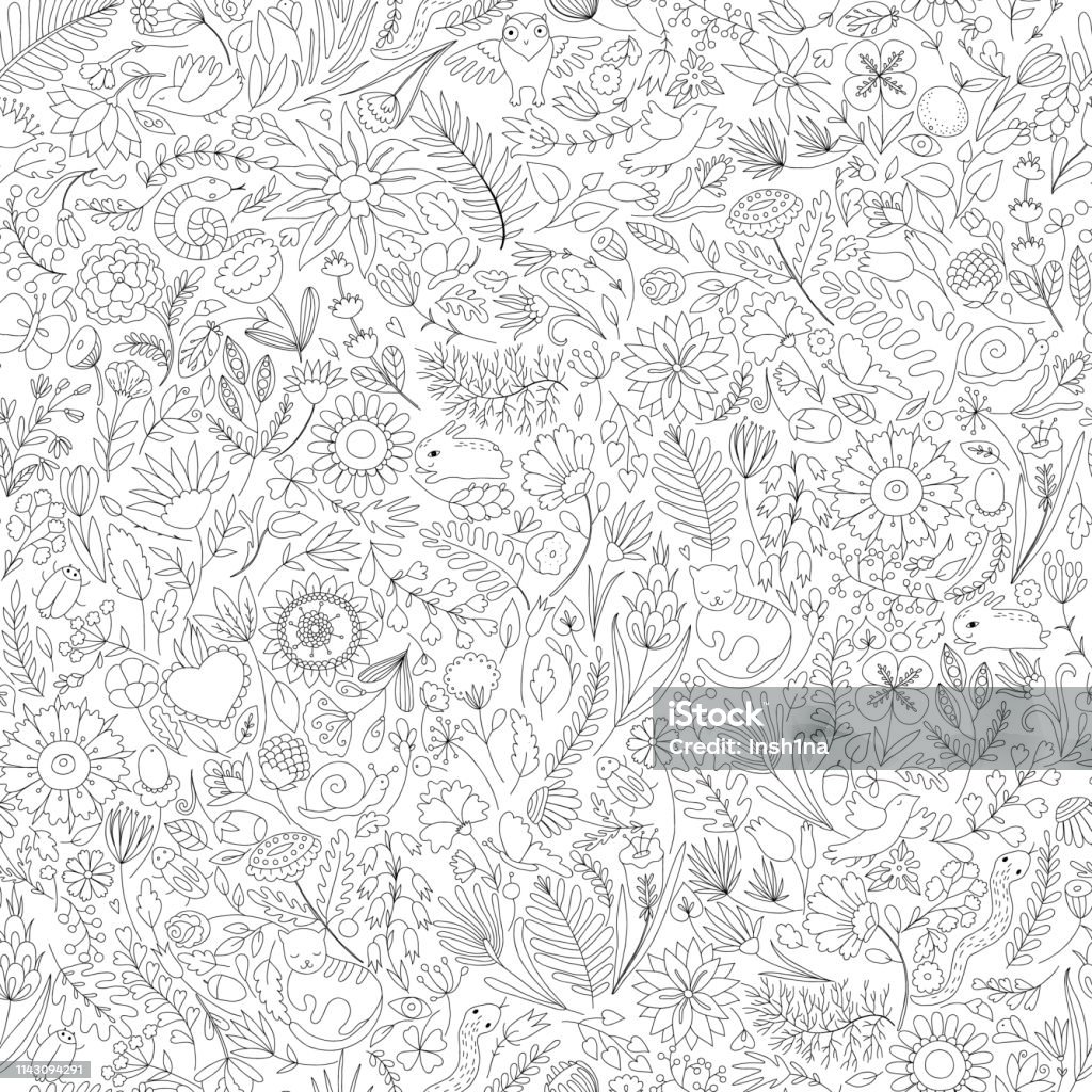 seamless black and white pattern, coloring page seamless black and white pattern, coloring page, small doodle elements of flora and fauna Abstract stock vector