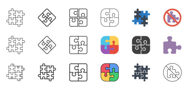 ilustraciones, imágenes clip art, dibujos animados e iconos de stock de rompecabezas conjunto de iconos. - jigsaw puzzle teamwork puzzle red