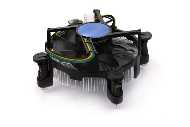 Fan and aluminum radiator for cooling of computer processor, cooling system, isolated on white background