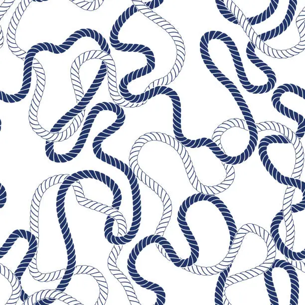 Vector illustration of Intertwining Nautical Blue and White Ropes on White Background Vector Seamless Pattern. Trendy Marine Background