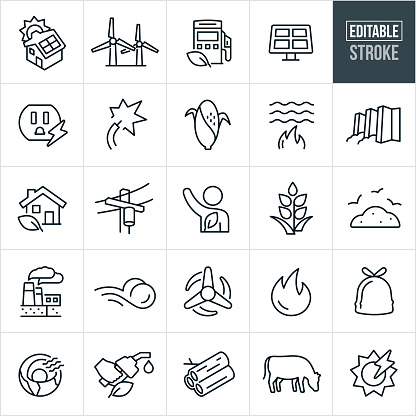 A set of alternative fuel icons that include editable strokes or outlines using the EPS vector file. The icons include solar energy, wind energy, geothermal energy, biothermal energy and hydro energy. The icons show a sun and home, windmills, biofuel gas pump, solar panel, electricity, corn, wheat, dam with water, power-line, garbage, geothermal plant, wind, earths core and a pile of wood to name few.