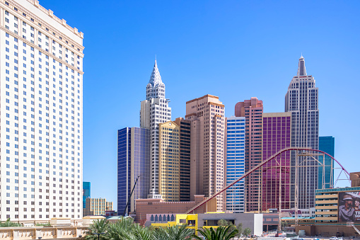 Photo taken in Las Vegas, Nevada. Buildings of New York New York and Monte Carlo Hotels. It was a sunny and clear day.