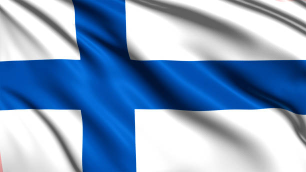 finlands flagga med tyg struktur i vinden - finsk flagga bildbanksfoton och bilder