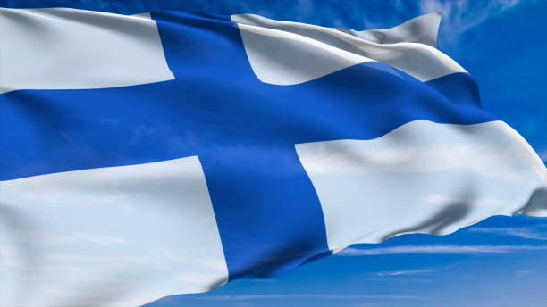istock flag of Finland with fabric structure against a cloudy sky 1143096696