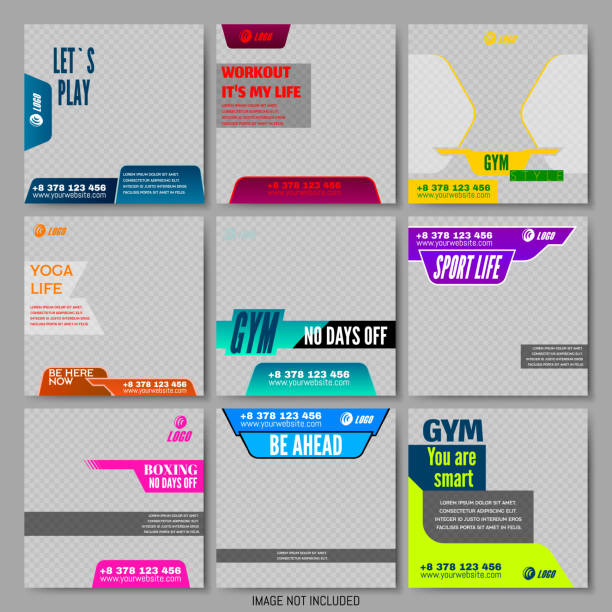 Set Editable Social Media Frame Ad Templates. Set Editable Social Media Frame Templates. Colorful Creative Background with Geometric Shapes. Workout, Boxing, Gym. Sport Promo Ad Brand, Digital Marketing. Vector Illustration. Square Banner. gym borders stock illustrations