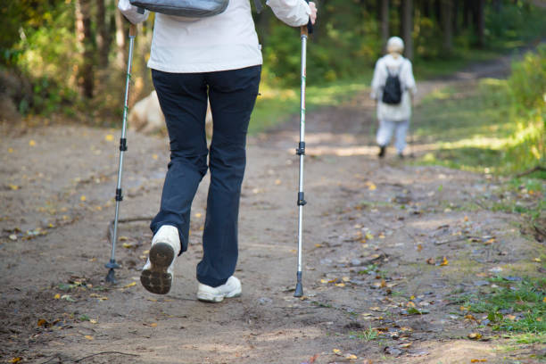 istock Women practice Nordic walking. 1143098097