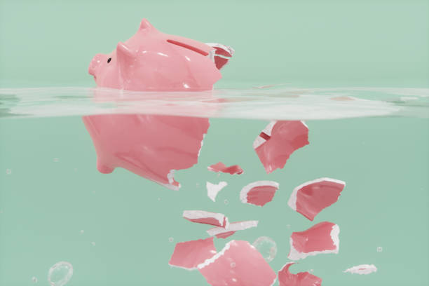 Shattered Piggy Bank In The Water Shattered piggy bank in the water. animal representation photos stock pictures, royalty-free photos & images