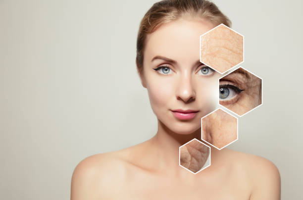 gezondheid aan te vullen vrouwelijk gezicht anti-aging schoonheid cosmetica - alternatieve-therapie-fotos stockfoto's en -beelden