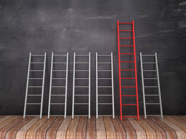istock Stairs on Wood Floor - Chalkboard Background - 3D Rendering 1143101314