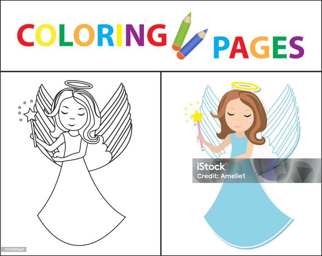 Coloring book page for kids. Angel little girl. Sketch outline and color version. Childrens education. Vector illustration. Coloring book page for kids. Angel little girl. Sketch outline and color version. Childrens education. Vector illustration Abstract stock vector