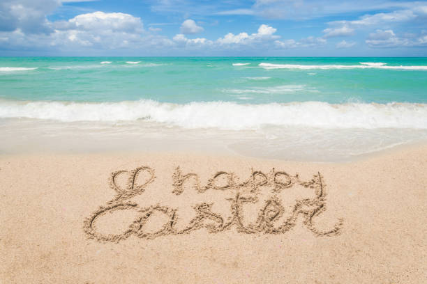 Happy easter lettering background on the sandy beach stock photo