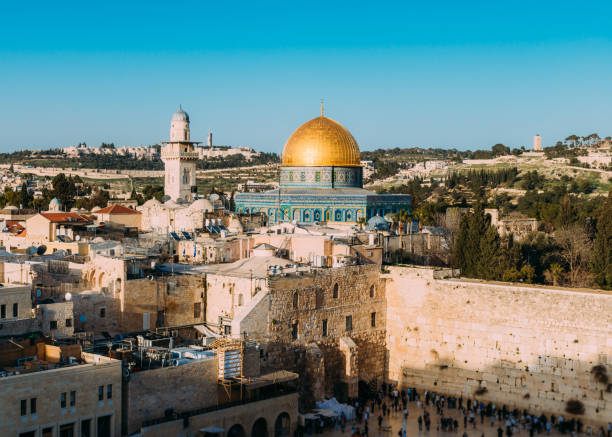 Panoramic view of the Western Wall and the Temple Mount in the old city of Jerusalem, Israel stock photo