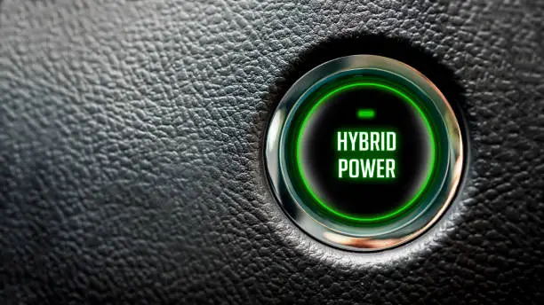 hybrid power message on automobile ignition button with large copy space