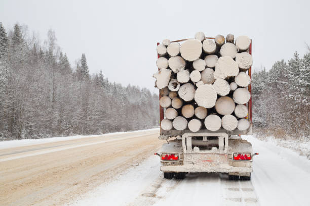 istock Logging truck on the highway in winter. 1143109238