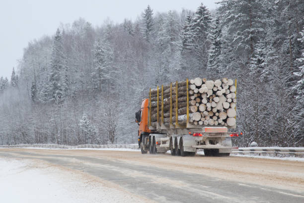 istock Logging truck on the highway in winter. 1143109363