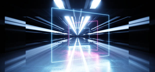 istock Stage Sci Fi Reflective Dark Neon Fluorescent Psychedelic Underground Garage Tunnel Corridor Spaceship Alien Glowing Laser Purple Blue Retangle Shaped Concrete 3D Rendering 1143111464