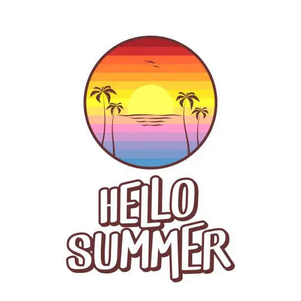 Vector illustration of Hello summer logo and text illustration - summer sunset at beach