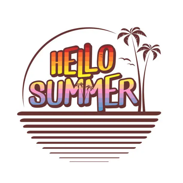 Vector illustration of Hello summer logo - summer sunset at beach - vector illustration