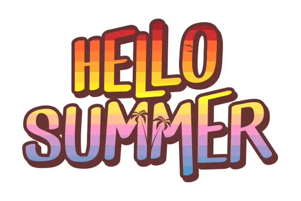 Vector illustration of Hello summer text illustration - summer sunset at beach