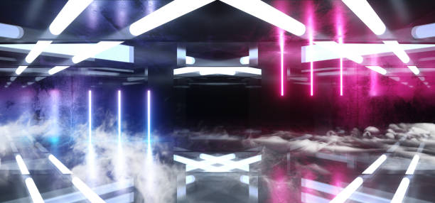 istock Smoke Sci Fi Reflective Dark Neon Fluorescent Psychedelic Underground Garage Tunnel Corridor Spaceship Alien Glowing Laser White Purple Blue Shaped Chaotic Concrete 3D Rendering 1143111932