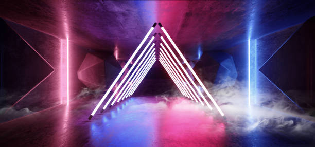 istock Smoke Neon Glowing Psychedelic Vibrant Cosmic Ultraviolet Fluorescent Luxurious Luminous Sci Fi Futuristic Retro Triangle Shape Lights Purple Blue Grunge Concrete Tunnel 3D Rendering 1143112787