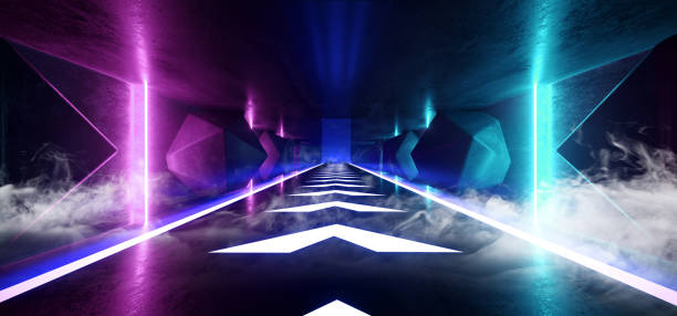 istock Smoke Neon Glowing Psychedelic Vibrant Cosmic Ultraviolet Fluorescent Luxurious Luminous Sci Fi Futuristic Retro  Arrow Vertical Lights Purple Blue Grunge Concrete Tunnel 3D Rendering 1143112926