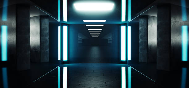 istock Led Futuristic Modern Sci Fi Dark Elegant Grunge Concrete Empty Long Tunnel Corridor Reflective Material Empty Space For Text And White Window Light Led Concrete Big Columns 3D Rendering 1143113808