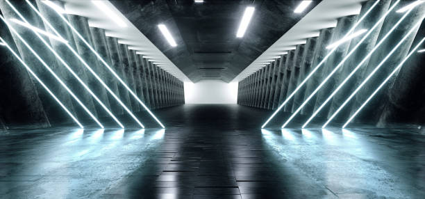 istock Fluorescent Triangle Shaped Neon Glowing Vibrant Blue Laser Lights Reflection Sci Fi Futuristic Modern Grunge Concrete Long Hall Track Tunnel Underground Garage Corridor Dark 3D Rendering 1143113959