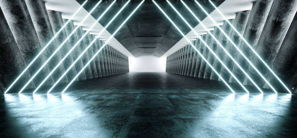 istock Fluorescent Triangle Shaped Neon Glowing Vibrant Blue Laser Lights Reflection Sci Fi Futuristic Modern Grunge Concrete Long Hall Track Tunnel Underground Garage Corridor Dark 3D Rendering 1143113980