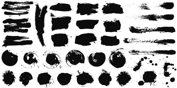 ilustrações de stock, clip art, desenhos animados e ícones de set of black ink vector stains - blob black splattered spotted