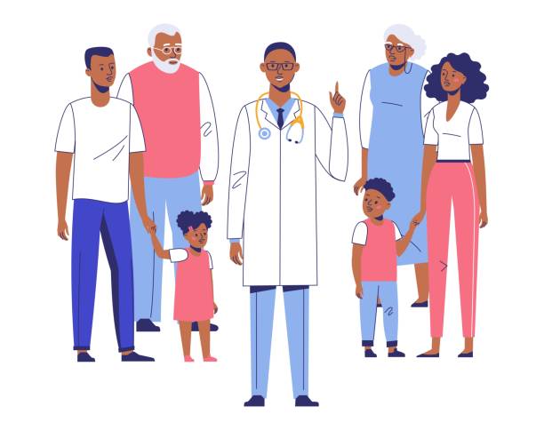 ilustrações de stock, clip art, desenhos animados e ícones de family doctor concept with ethnic patients. - family american culture african culture black