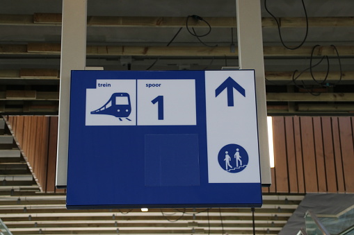 Direction sign to platform 1 on the brand new train station Zoetermeer-Lansingerland in the Netherlands