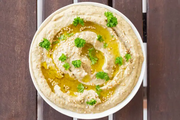 Vegan baba ghanoush, a levantine appetizer of mashed cooked eggplant mixed with tahini, olive oil, and various seasonings