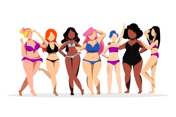 Vector illustration of Women with different figures, skin colors. Body positive concept. Vector flat illustration. Plus size girls in bikini
