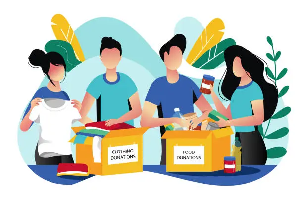 Vector illustration of Food and clothes donation. Vector flat illustration. Social care and charity concept. Volunteer collect donations